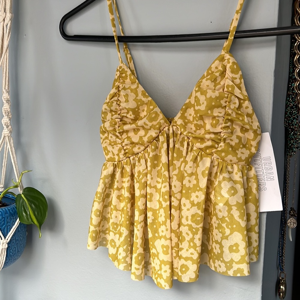 Urban Outfitters Yellow Floral Ruffle Tank Top